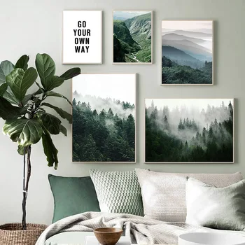 Hegyi Ködös Erdő Kép Természet, Táj Skandináv Poszter Északi Dekoráció Táj Nyomtatás Wall Art Vászon Festmény